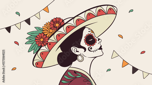 A beautifully illustrated Día de los Muertos woman, adorned in a vibrant floral hat with intricate sugar skull makeup.