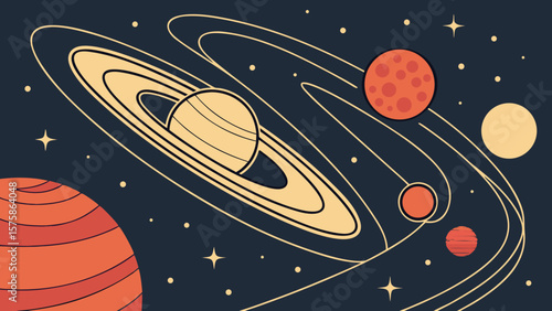A colorful, stylized illustration of planets and rings in space, featuring Saturn prominently among vibrant celestial bodies.