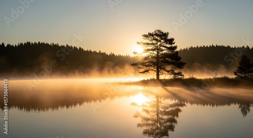 Wallpaper Mural Serene Sunrise: Lone Pine Tree Silhouetted on Misty Lake with Golden Reflections Torontodigital.ca