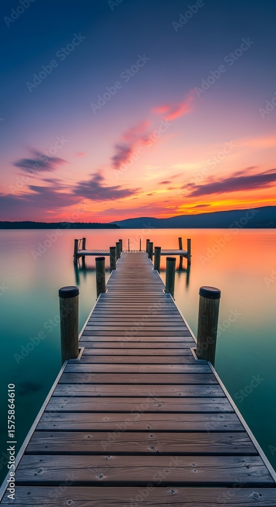 Fototapeta premium Serene Sunset Dock: Tranquil Lakeside Pier at Dusk