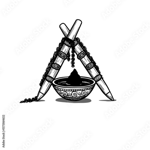 Ink bowl with sticks and beads in black and white silhouette