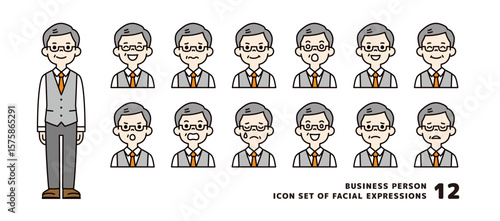 いろいろな表情のシニア男性の、ビジネスアバターアイコン素材セット＿ベクター＿カラー