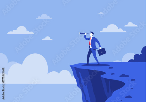 A determined businessman stands on a cliff edge, using a spyglass to scan the vast blue horizon for future opportunities and strategic insights.