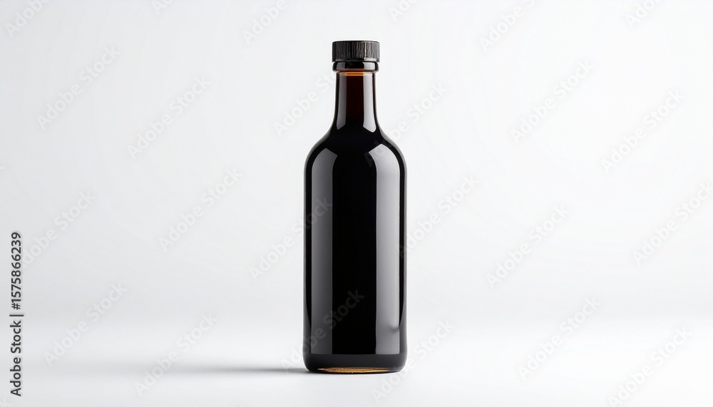 Cylindrical glass bottle with cork stopper filled with dark liquid, set against plain white background Cylindrical glass bottle with cork stopper filled with dark liquid, set against plain white background
