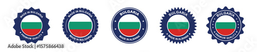 Bulgarian product label set. Bulgarian flag, premium made in Bulgaria. Labels, seals, stamps, flags, icons