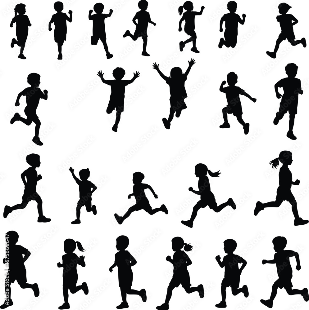 Silhouettes of running children, kids in motion, boy and girl runners, childhood activity vector, outdoor play, fitness, energy, health Silhouettes of running children, kids in motion, boy and girl runners, childhood activity vector, outdoor play, fitness, energy, health