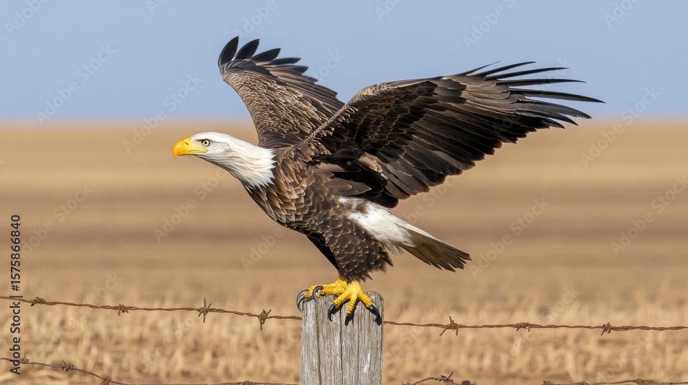 Naklejka premium Bald Eagle Perched on Post with Wings Extended