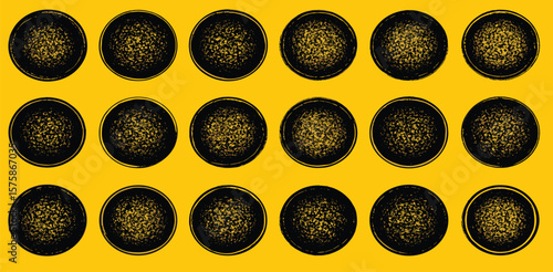 Grungy textured hand printed circle shapes collection. Linocut vector relief printing round rough textures set. Lino ink grunge label, stamp, badge, frame templates. Artistic circles backgrounds