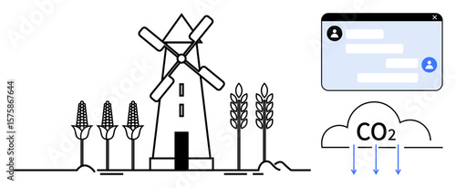 Windmill flanked by crops, CO2 emission reduction symbol, chat interface highlighting digital tools. Ideal for sustainability, technology, farming, renewable energy, environment conservation