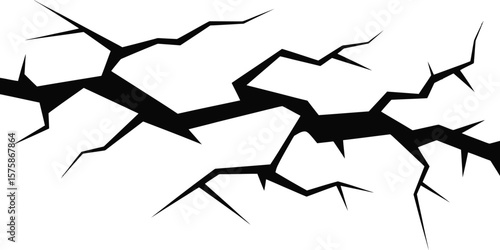 Black jagged crack pattern on white background fracture