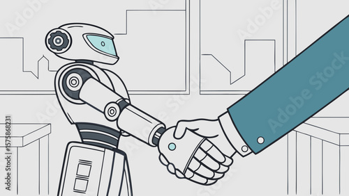 A humanoid robot shakes hands with a business professional in a modern office setting, symbolizing collaboration between humans and technology.