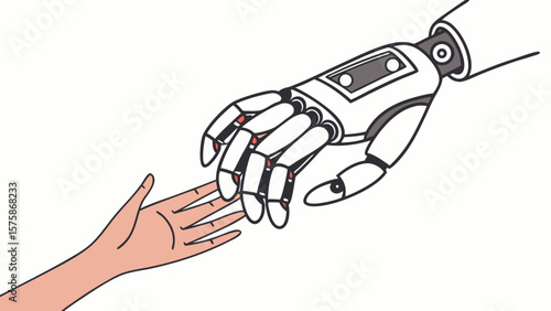 A human hand reaches out to connect with a robotic hand, symbolizing the merging of technology and humanity.