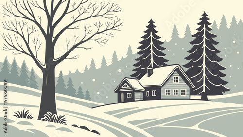 A serene winter scene featuring a cozy cabin surrounded by snow-covered trees in a tranquil landscape.