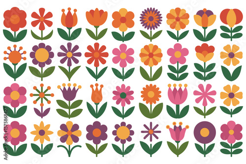 Retro floral pattern with orange pink purple yellow flowers