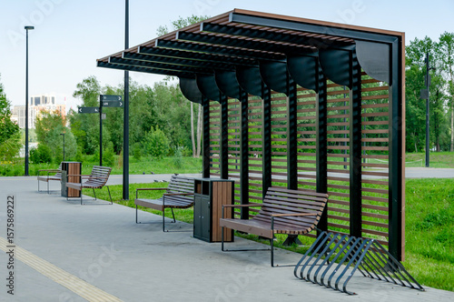 Empty Park Recreation Area with Wooden Benches