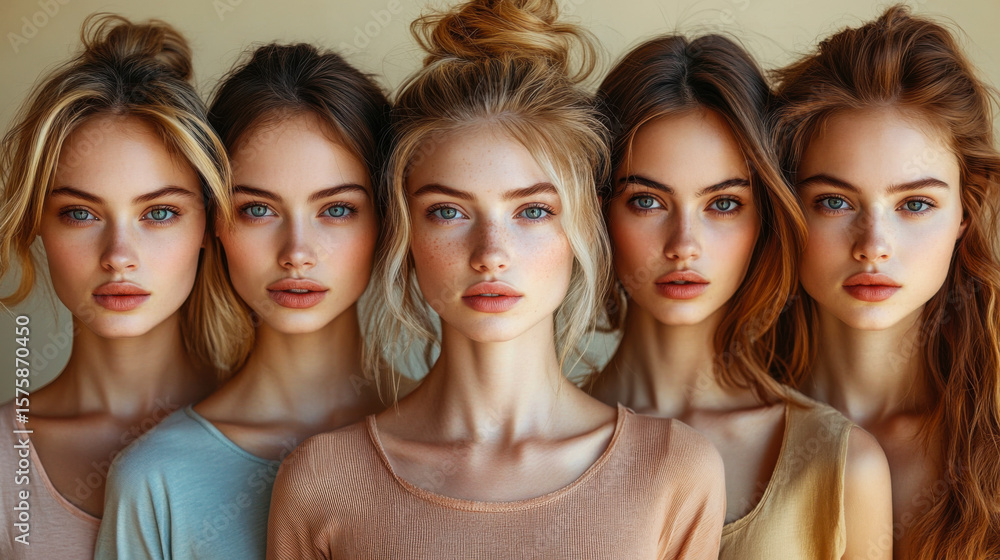 Fototapeta premium Group of young women with diverse hairstyles and makeup posing together in a soft light setting indoors
