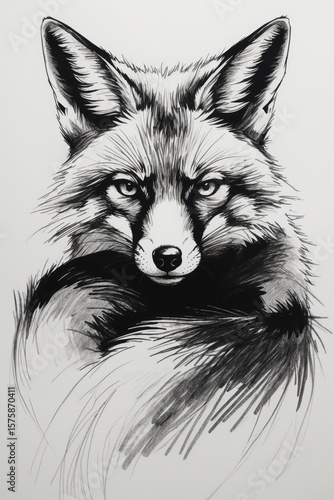 Detailed Black Ink Fox Illustration front