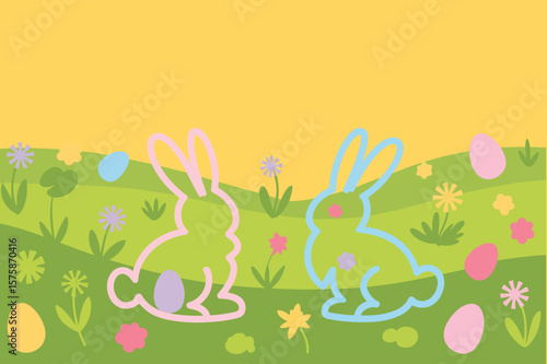 Two bunny rabbits and colorful eggs create an Easter spring landscape with flowers and soft pastel colors against a yellow background.