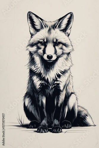 Detailed Black Ink Fox Illustration full body front