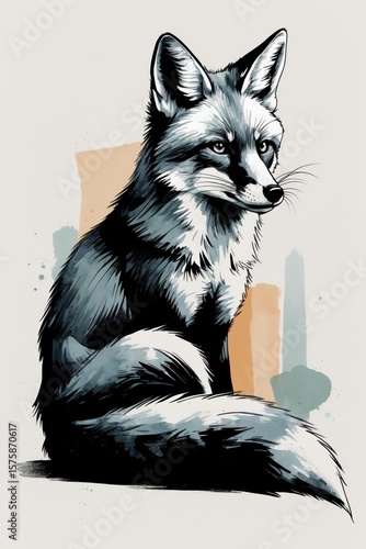Detailed Black Ink Fox Illustration with Watercolor Background