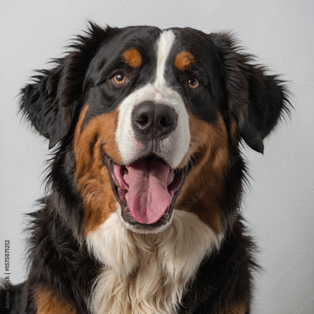Happy Bernese mountain dog sitting on a white background and looking at the camera with its tongue out Happy Bernese mountain dog sitting on a white background and looking at the camera with its tongue out
