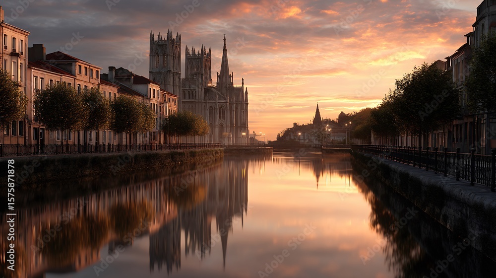 Fototapeta premium Soft reflections of a majestic cathedral in a slow-moving river flowing through the city landscape