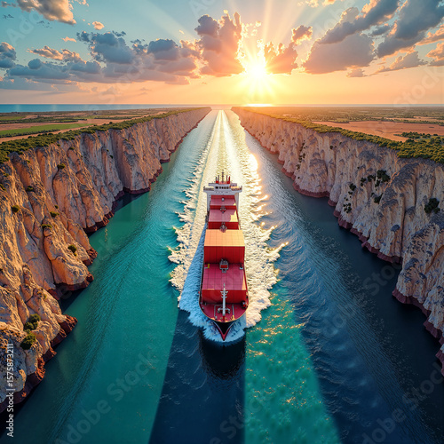Stylized, creative image of the Corinth Canal in Greece.  AI-Generated