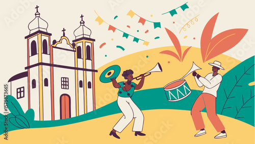 Two musicians joyfully perform with instruments near a colorful church, celebrating a festive atmosphere.
