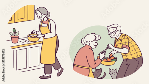 Two warm scenes of a woman cooking in the kitchen and an older couple preparing food together, surrounded by pets.