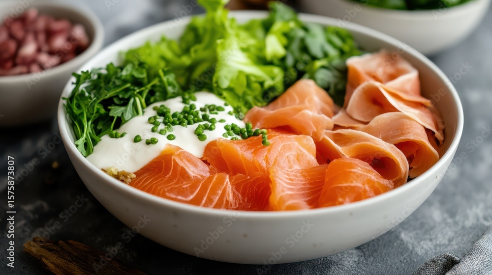 Delicious Bowl of Fresh Salmon and Vibrant Greens for Healthy Eating Delicious Bowl of Fresh Salmon and Vibrant Greens for Healthy Eating