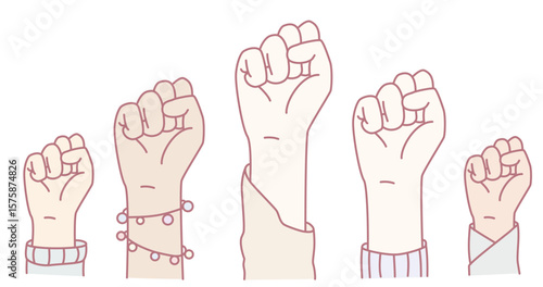 An impactful illustration of diverse raised fists, representing unity, strength, empowerment, and activism for change