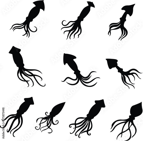 Floating Squid Silhouette in Ocean Depths Minimalist Marine Vector