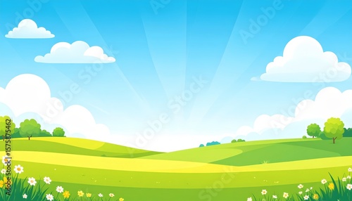 Vibrant green field with wildflowers and trees, a breathtaking natural landscape