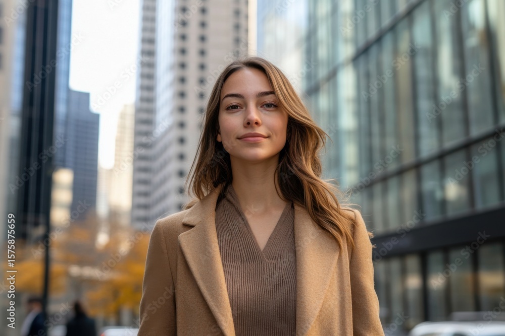 Fototapeta premium Young woman with long hair, wearing a stylish coat, stands confidently in an urban setting, surrounded by modern skyscrapers, showcasing contemporary city life and fashion