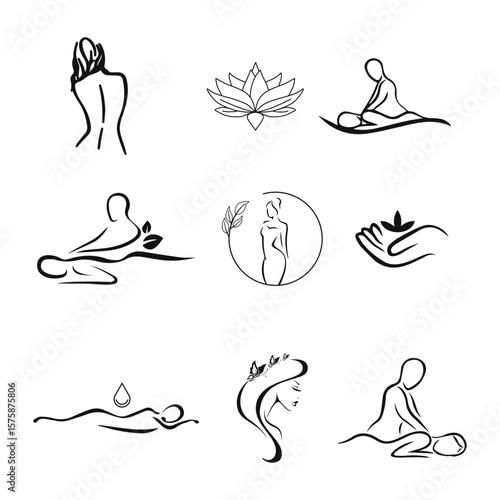 A set of 9 minimalist line art icons representing spa and wellness themes. The illustrations include female figures, massage poses, lotus flowers, drops of oil, and natural elements. These elegant and