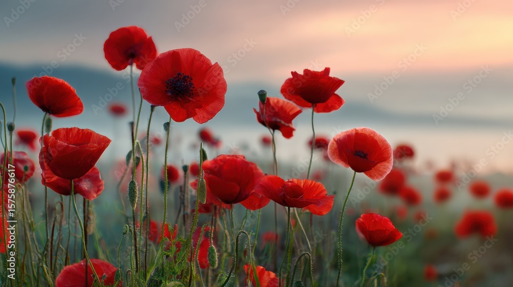 Fototapeta premium Lush Field of Vibrant Red Poppies Under Soft Morning Light Against Serene Landscape of Mountains and Gentle Horizon at Sunrise