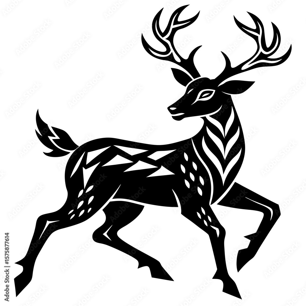 Fototapeta premium Black stylized deer running with ornate antlers on white background animal motion