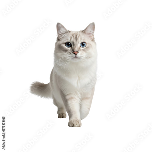 Beautiful ragdoll cat with striking blue eyes walks forward on a white background