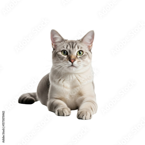 A beautiful light gray tabby cat with striking green eyes lies on a white background