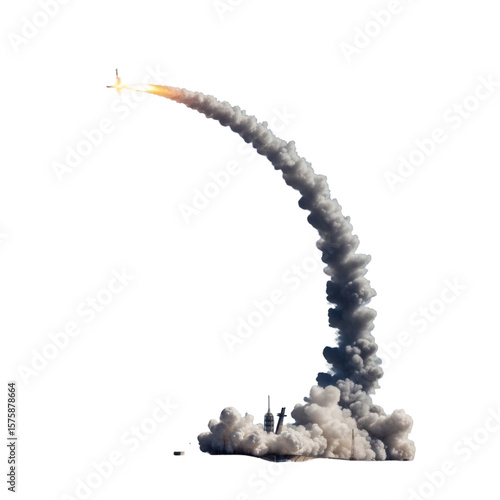 A powerful rocket ascends into the sky, leaving a thick plume of smoke and fire, isolated against a transparent background