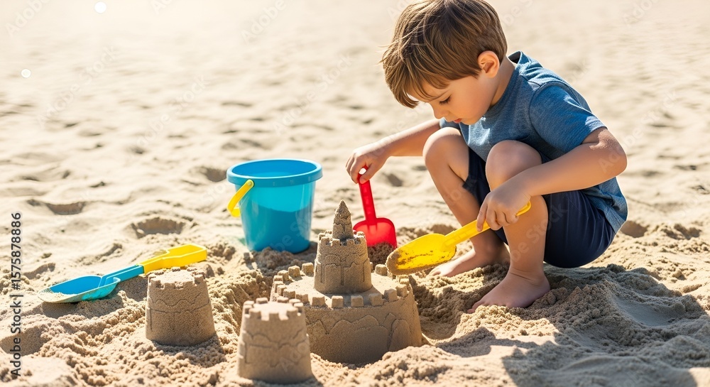 Little boy playing with a bucket and sand on the beach during a fun summer vacation Little boy playing with a bucket and sand on the beach during a fun summer vacation