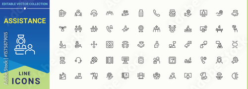 Assistance linear icon set. Support icon collection. It contains symbols to service, center, operator, support, assist, feedback and more. Pixel perfect. Editable vector.