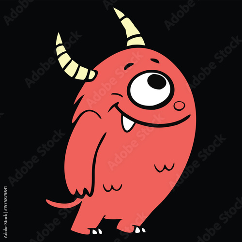 Cute cartoon red monster with one eye and horns smiling happily