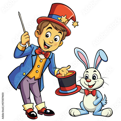 Cartoon magician with rabbit, holding a top hat