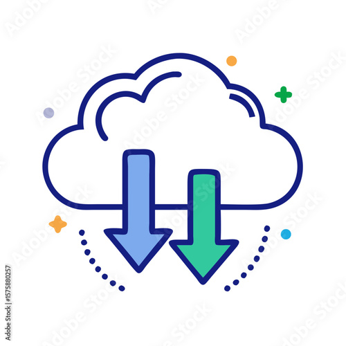 Cloud with downward arrow, symbolizing data download, synchronization, remote access and digital storage solution
