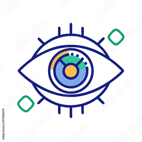 Single stylized eye with lens details, symbolizing vision, observation, optical inspection, visual monitoring and eye contact
