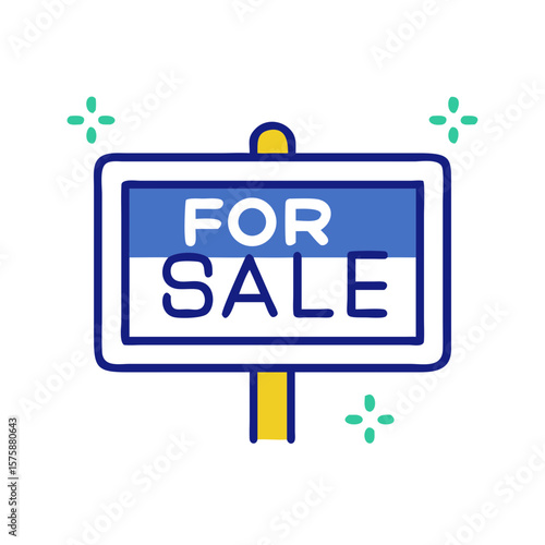 Illustration of a “For Sale” sign on a post, representing real estate offering, property listing, buying, selling and open market availability, no background
