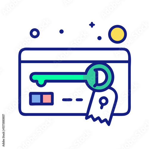 Illustration of a keycard with attached tag, representing electronic access, hotel room entry, identity verification and secure building systems, no background
