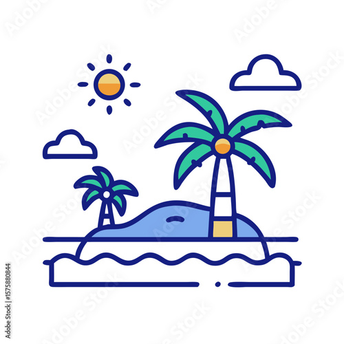 Illustration of a tropical island with sun and palm trees, representing beach vacation, summer holiday, relaxation destination and travel adventure, no background
