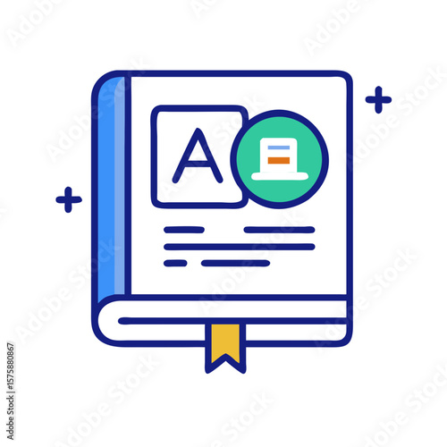 Illustration of a book with language translation symbol, representing dictionary, studying foreign languages, learning vocabulary and linguistic resources, no background
